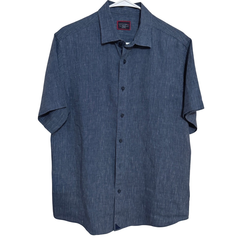 Untuckit Button Down Shirt Mens Medium Linen Striped Blue Casual Preppy Summer